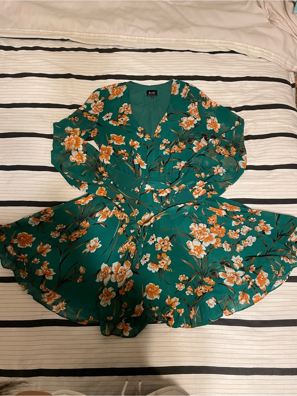 Bardot Orange Green Floral Ruffle Balloon Sleeve Dress